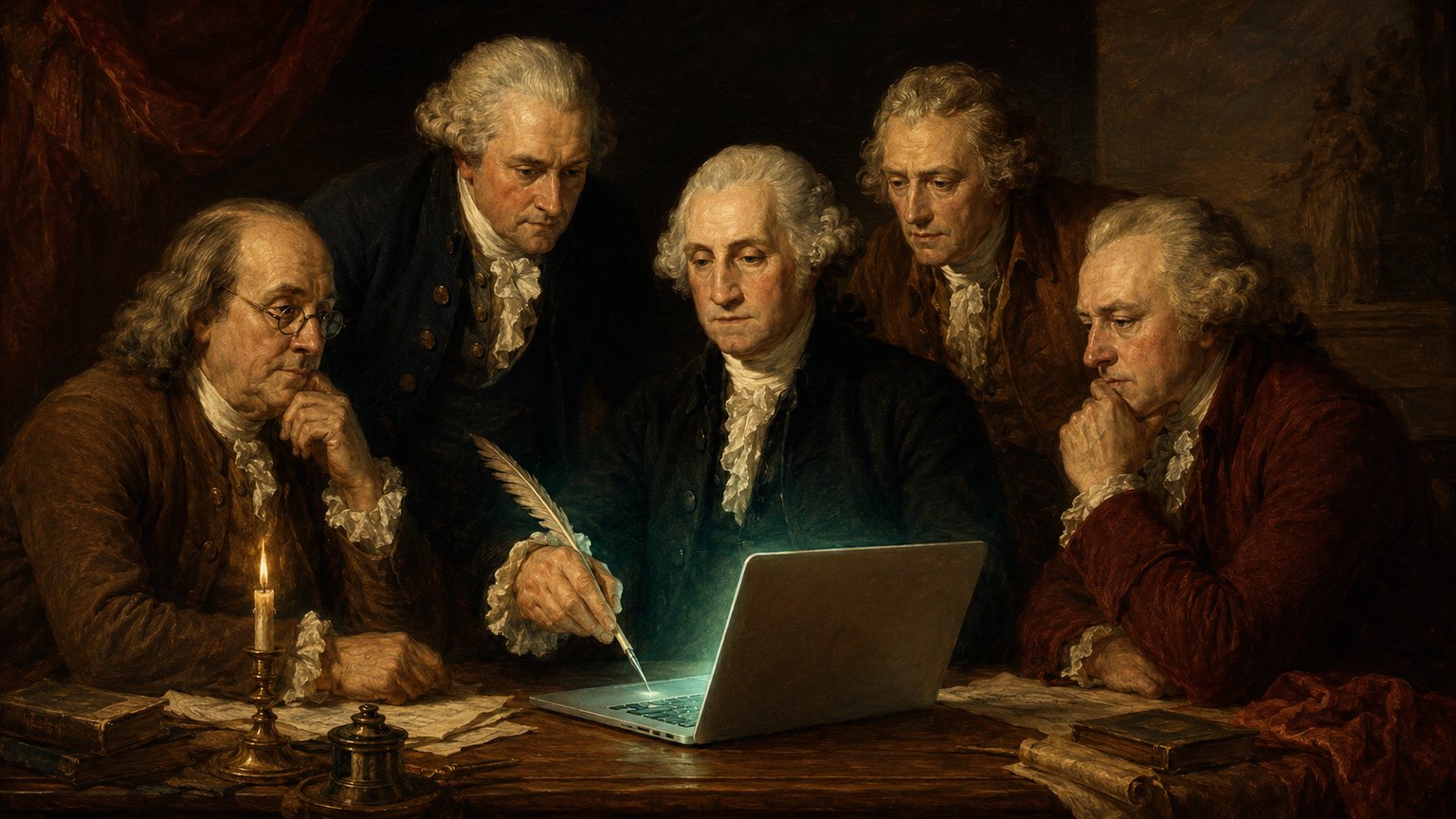 The Declaration of Website Independence: founding fathers gathered around a glowing laptop, classical oil painting