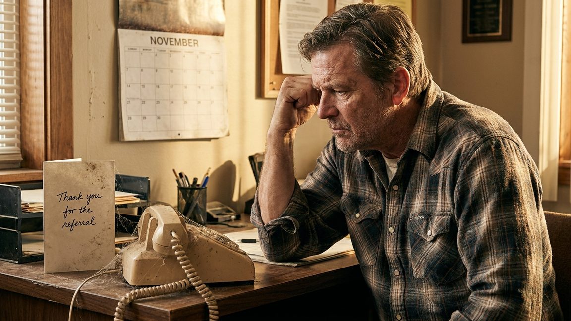 What Happens When the Referrals Stop: a contractor stares at a cobwebbed landline phone in front of an empty wall calendar