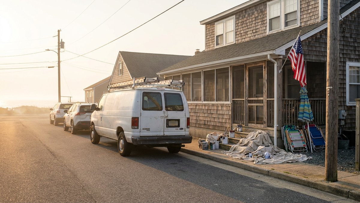 A quiet Delaware beach town street in early fall with a local contractor's van parked outside a house