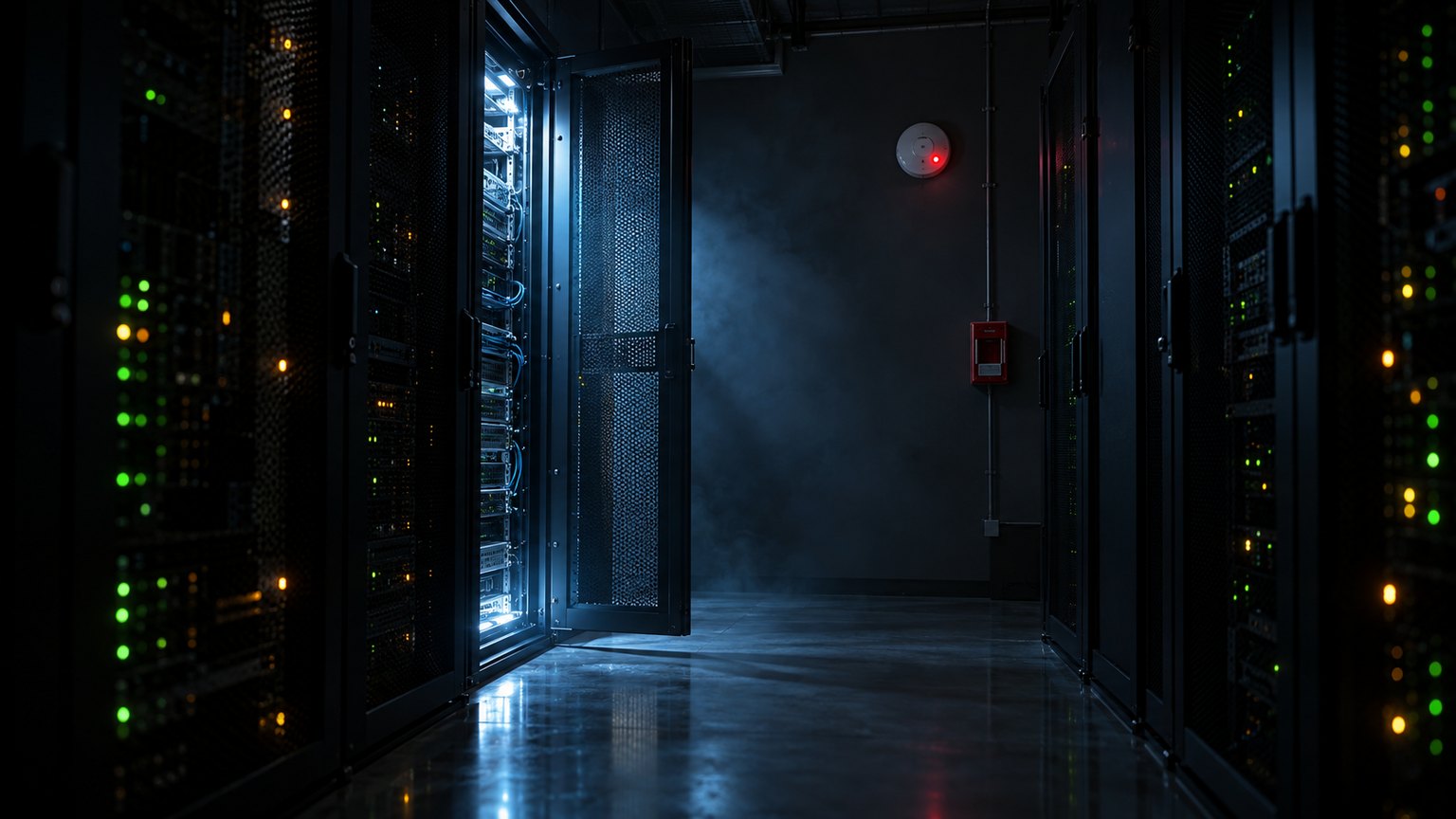 A dark server room at night with one rack door open and lit from inside, a smoke detector blinking red on the wall and a fire alarm pull station beside it
