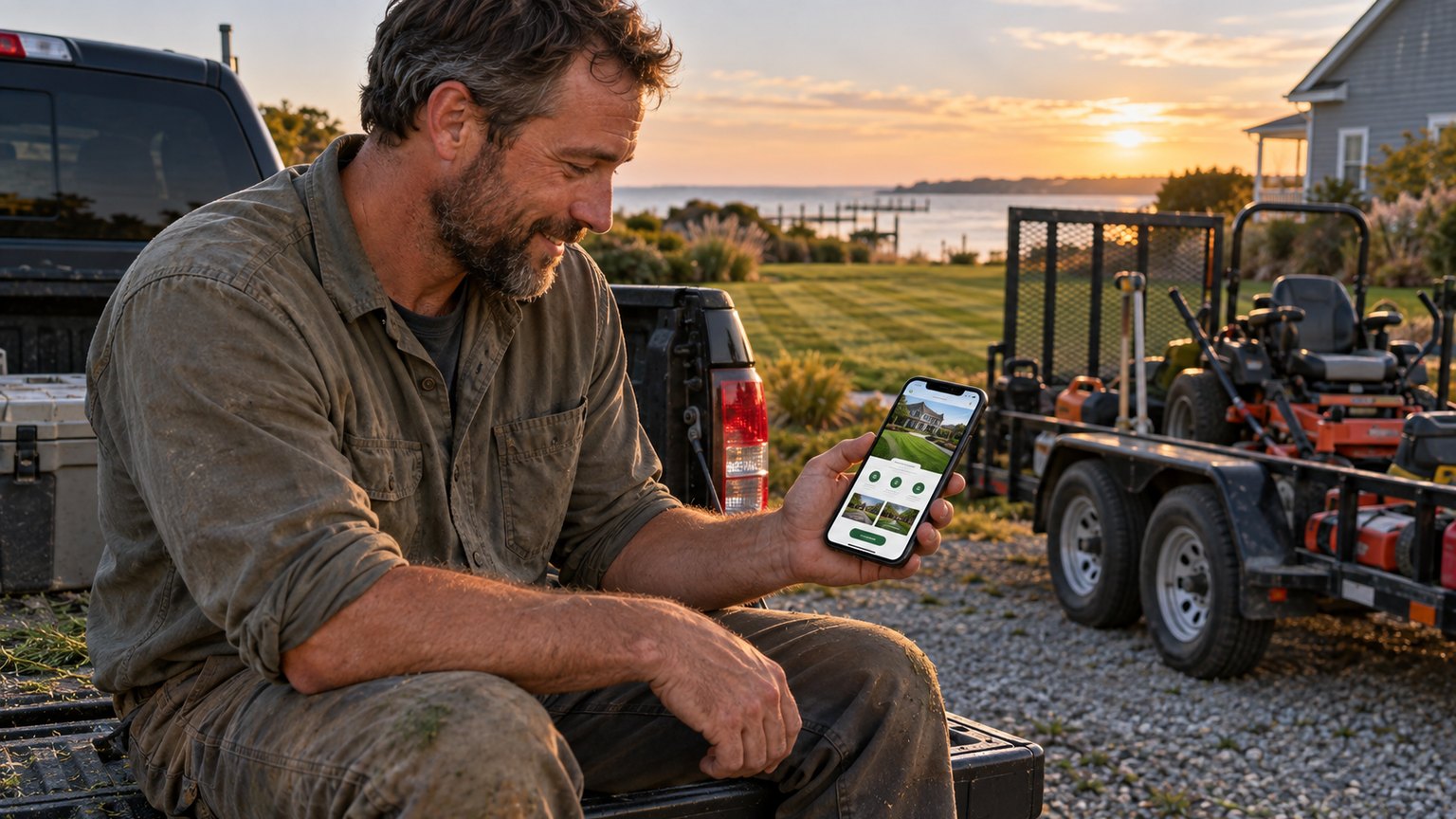 A landscaper sitting on his truck tailgate at sunset in coastal Delaware, looking at a new homepage for his business on his phone